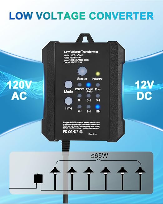 65W Outdoor Low Voltage Transformer with Timer and Photocell Sensor,120V AC to 12V DC Weatherproof for LED Landscape Lighting,Deck Lights,Spotlight, Pathway Light,ETL Listed