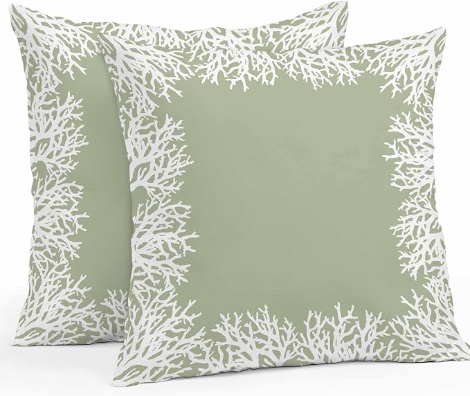 Vandarllin Outdoor Throw Pillows Covers 26x26 inch Set of 2 Waterproof Sage Green Coral Decorative Zippered Cushion Covers for Patio Furniture, Coastal Marine Life Lumbar Pillowcases
