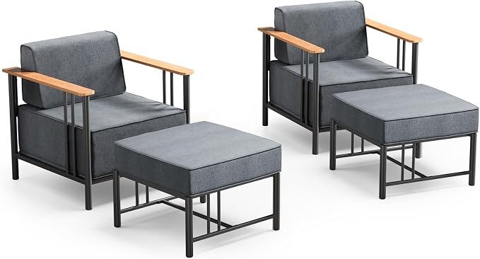 Luxury Patio Chairs with 10" Extra Thick Cushions, Outdoor Chairs with Ottomans, 4 PCS Outdoor Furniture Set for Porch, Balcony, Deck, Patio, Yard, Poolside, Black/Grey