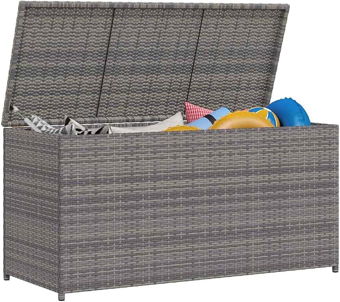 Outdoor Storage Box, Large Rectangular Deck Chest, Weather-Resistant Garden Organizer for Patio, Cushions, Blankets and Pillows, Grey Poly Rattan