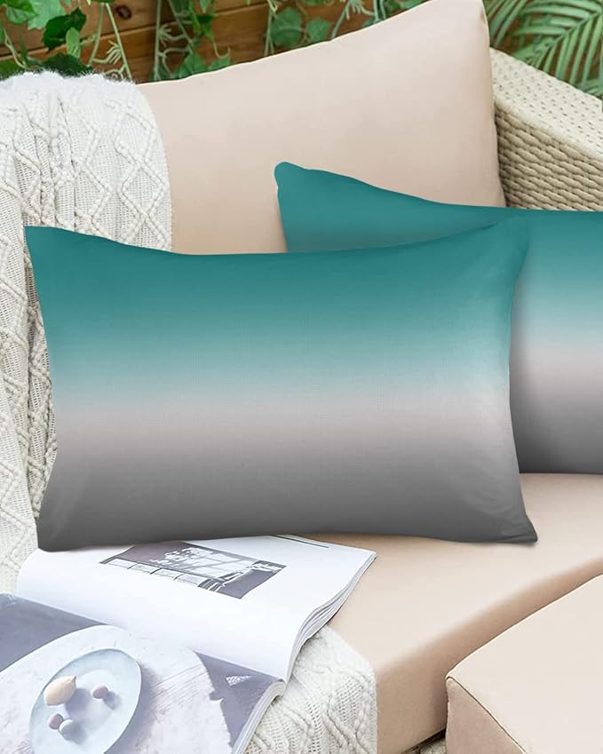 Outdoor Waterproof Throw Pillow Covers Set of 2 Green and Grey Ombre Lumbar Pillowcases 20x12 Inches Teal Gradient Color Patio Decorative Pillows Cushion Case Patio Pillows for Couch Bed Chair Garden