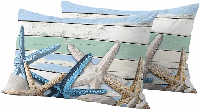 Outdoor Waterproof Pillow Covers Coastal Blue White Starfish Shell Pack of 2 Lumbar Pillow Cover Wood Grain Decorative Cushion Pillowcases for Patio Couch Bench Garden 12 x 20 Inches