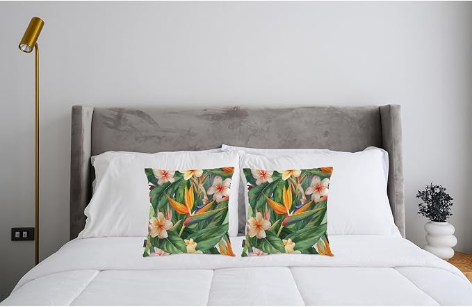 Swono Tropical Flowers Set of 2 Decorative Throw Pillow Covers Cushion Case, Exotic Bird of Paradise Floral Pillowcase Cozy Pillow Cover for Couch Sofa Bed Garden Chair Car 18 X 18 Inch