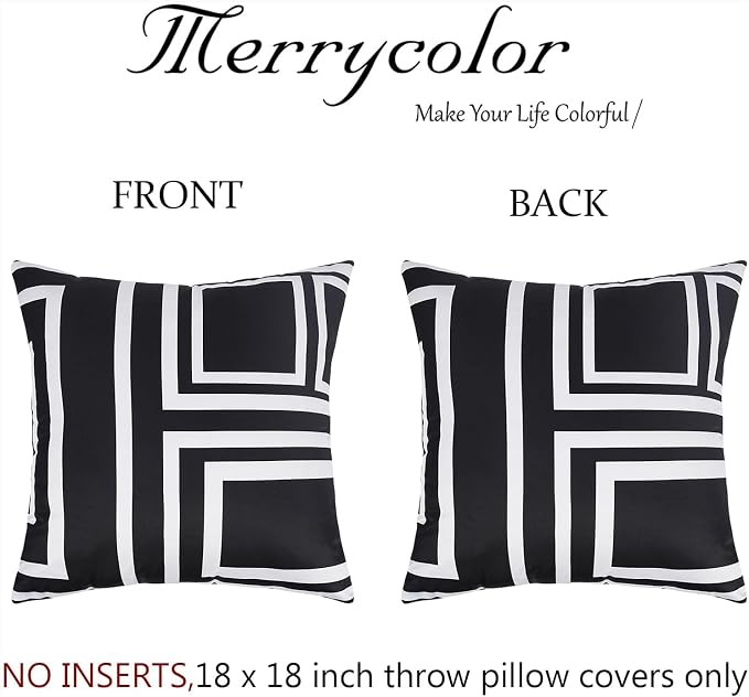 Merrycolor Set of 2 Outdoor WaterproofThrow PillowCovers Geometry Decorative Square Pillowcases Blackand White Outdoor Pillows for Patio Furniture Garden TentCouch 18 X 18 Inch Black Background