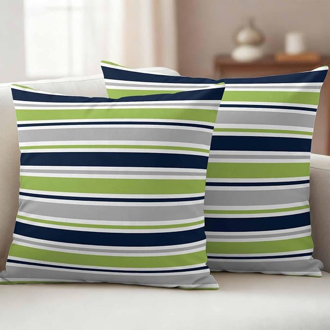 Outdoor Pillow Covers 24 x 24 Inches, Green Gray Striped Waterproof Throw Pillow Cover Set of 2, Farmhouse Stripes Modern Abstract Art Decorative Square Cushion Covers for Patio/Couch/Garden