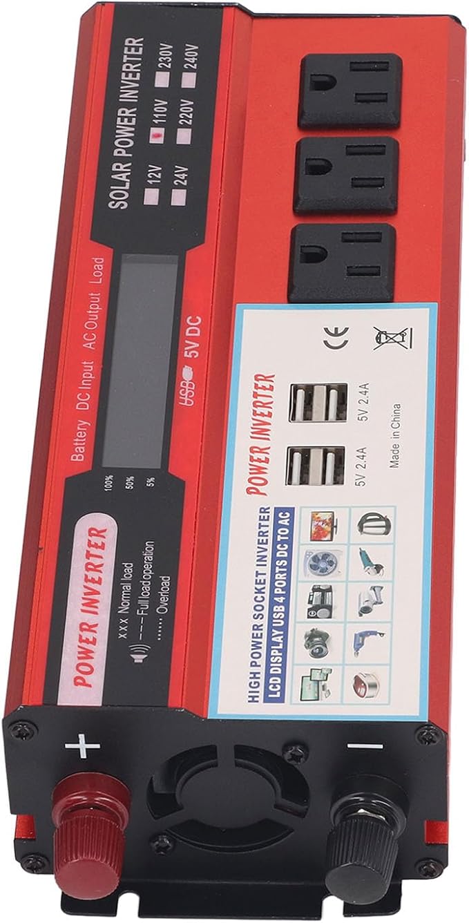 Sine for Wave Inverter, 4000W Peaking Sine for Wave Car Inverter Aluminum Alloy LCD Digital Display 2000W US Plug AC110V for Replacement (12V)
