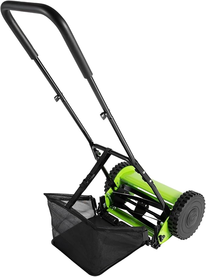 5-Blade Wheeled Manual Lawn Mower, 12 Inch Manual Push Reel Lawn Mower Push Lawn Sweeper, 0.67-1.3 in Adjustable Cutting Height Walk-Behind Lawn Mowers with 6-Gallon Collection Bag for Yard, Garden