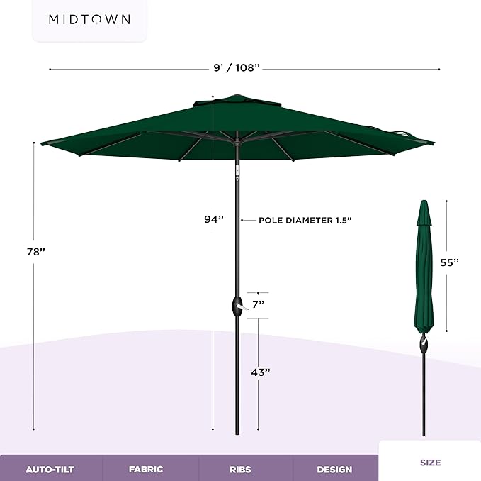 Midtown Umbrellas - The Lean 9 Ft Patio Umbrella with Fade-Resistant Sunbrella Fabric, Auto-Tilt Aluminum Frame and 8 Reinforced Ribs for Deck, Pool & Garden - Forest Green Canopy, Black Pole