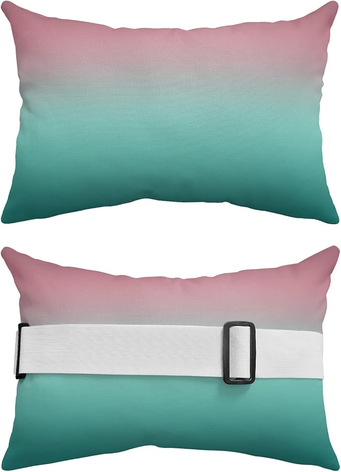 Outdoor Pillows Covers with Inserts Green and Pink Gradient Waterproof Recliner Pillow with Adjustable Strap Throw Pillows for Patio Furniture Pool Lounge Chair, 11x16 inch, 2PCS