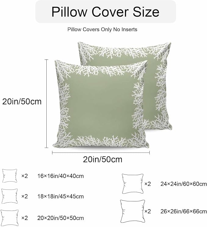Vandarllin Outdoor Throw Pillows Covers 24x24 inch Set of 2 Waterproof Sage Green Coral Decorative Zippered Cushion Covers for Patio Furniture, Coastal Marine Life Lumbar Pillowcases