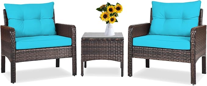 DORTALA Small Patio Furniture Set 3 Piece, Wicker Outdoor Table and Chairs Set with Cushions, All Weather Rattan Conversation Bistro Set for Balcony, Porch, Backyard, Deck, Turquoise