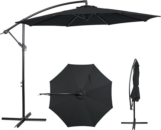 10FT Offset Patio Umbrella, Cantilever Hanging Umbrella with Infinite Tilt, Fade-Resistant Water-Repellent Canopy & Cross Base for Yard, Garden & Deck