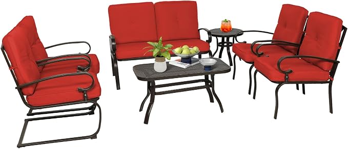 7-Piece Outdoor Metal Furniture Sets Patio Conversation Set, Wrought Iron Loveseat, 2 Dining Chairs, 2 Spring Chairs and Coffee Table, Red