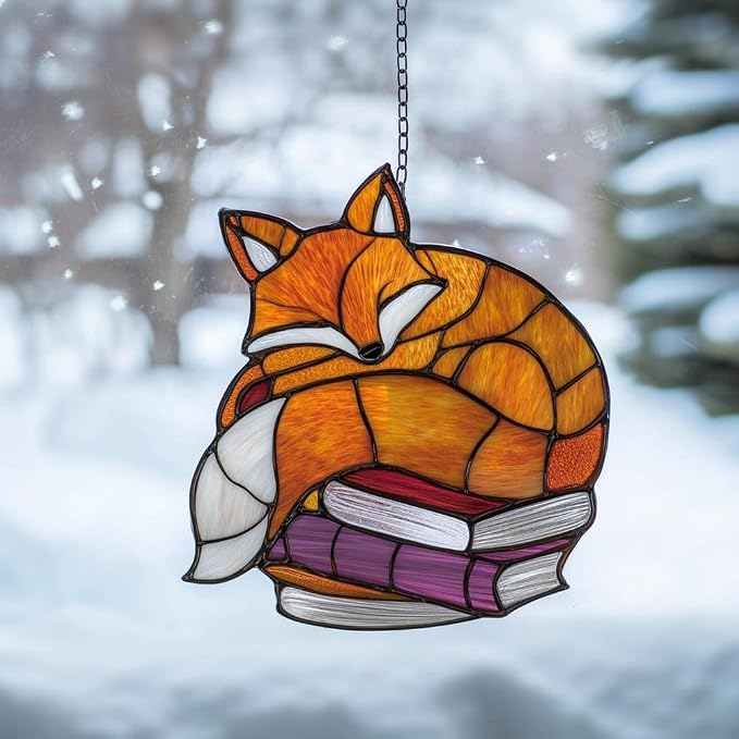 Sleeping Fox Book Acrylic Suncatcher, Bookish Suncatchers for Window Hanging Ornament, Art Garden Decor for Book Lover Reader Bookworm, Gifts for Mother's Day, Mom, Grandma, Wife, Women, Nana