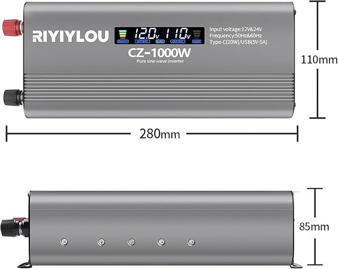 1000W Pure Sine Wave Inverter (2000W Peak), 12V/24V Auto-Detect, 50Hz/60Hz Switchable, LCD Display, Type-C Fast Charging, Silent Design, Overload & Overheat Protection for RV, Home