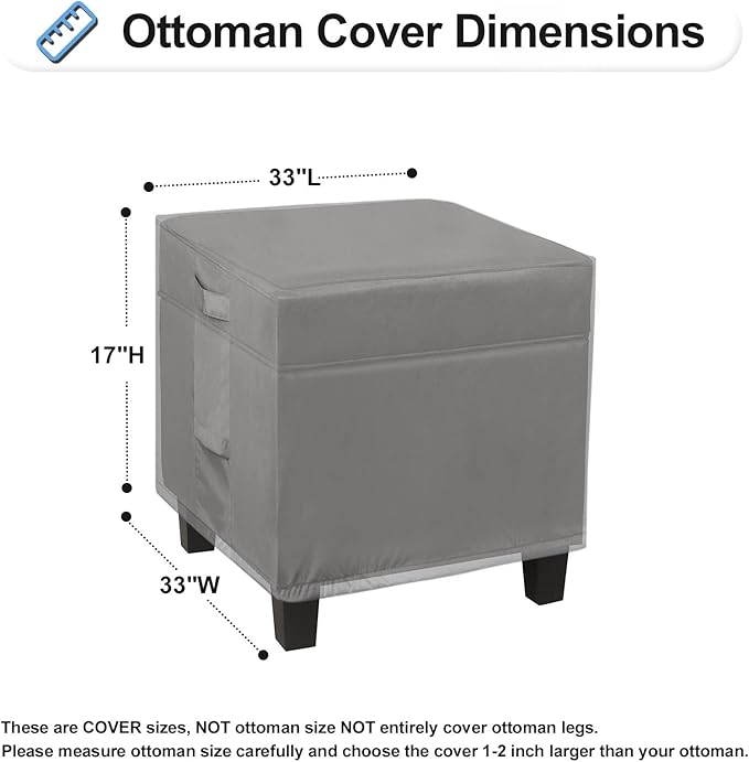 OutdoorLines Outdoor Waterproof Patio Ottoman Covers - Square UV-Proof Patio Side Table Cover Windproof Heavy-Duty Furniture Covering Protector 33L x 33W x 17H Inch, Grey