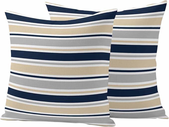 Outdoor Pillow Covers 18 x 18 Inches, Beige Navy Blue Striped Waterproof Throw Pillow Cover Set of 2, Farmhouse Stripes Modern Abstract Art Decorative Square Cushion Covers for Patio/Couch/Garden