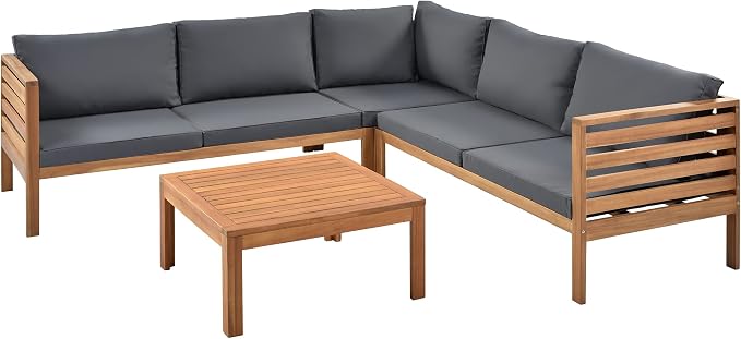 Merax 4-Piece Outdoor Sectional Furniture Set, All-Weather Acacia Wood Patio Sofa with Washable Cushions, Water-Resistant and UV Protected Conversation Set for Backyard, Poolside, Garden, Grey
