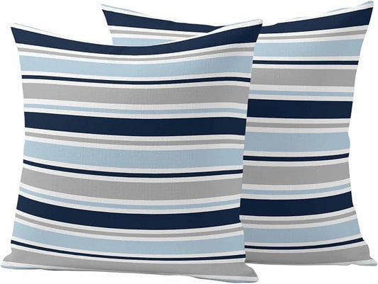 Navy Blue Gray Striped Outdoor Pillow Cover 26x26 Inch Cushion Sham Case, Farmhouse Stripes Modern Abstract Art Waterproof Decorative Square Throw Pillowcase for Outside Garden Patio Porch Couch Chair