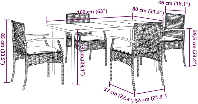 5 Piece Patio Dining Set with Cushions Beige Poly Rattan Outdoor Table and 4 Chairs for Backyard Garden Deck Relaxing