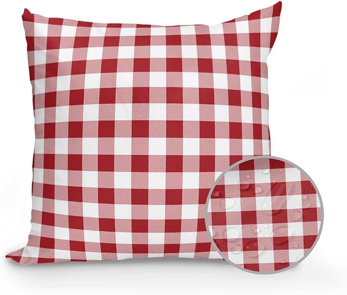 Outdoor Waterproof Throw Pillows Red Gingham Check Patio Pillows Pack of 1,Decorative Pillow Covers with Insert,Pillow Cushion Case for Garden Couch Sofa Country Buffalo Plaid