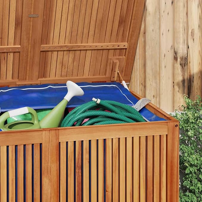 Large Outdoor Garden Storage Box, Solid Acacia Wood Deck Chest with Water-Resistant PE Liner, Decorative Patio Furniture for Cushions and Gardening Tools