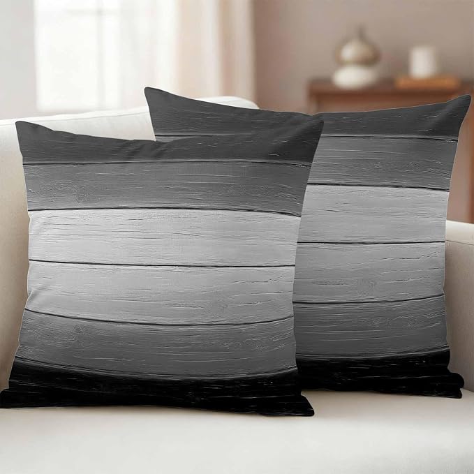 Black Gray Outdoor Pillow Covers 18x18 Inch Throw Pillow Covers Set of 2 Waterproof Decorative Pillow Cases Farmhouse Vintage Gradient Wooden Plank Cushion Covers for Patio Furniture Garden Couch Sofa