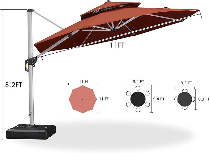 PURPLE LEAF 11 FT Cantilever Patio Umbrellas with Base Included, Large Round Offset Umbrella with 360° Rotation, Outdoor Aluminum Pool Umbrella for Pool Lawn Garden, Brick Red
