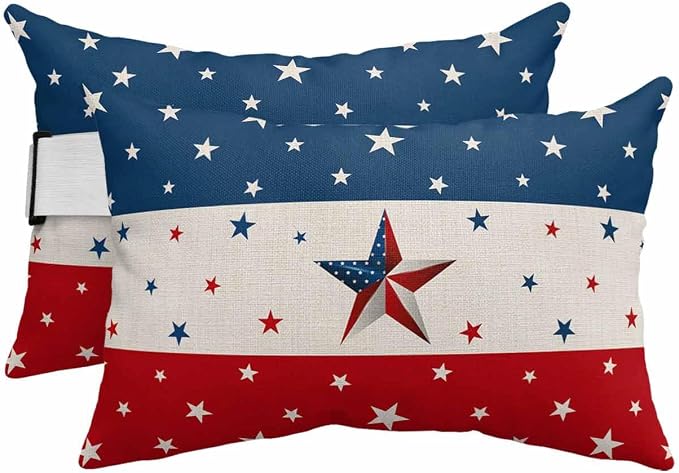 Recliner Head Pillow Independence Day Red White Blue Stripe Outdoor Throw Pillow with Insert,Waterproof Recliner Pillows Chaise Lounge Lumbar Cushion for Beach Rustic Star Patio Pillow 2 Pack