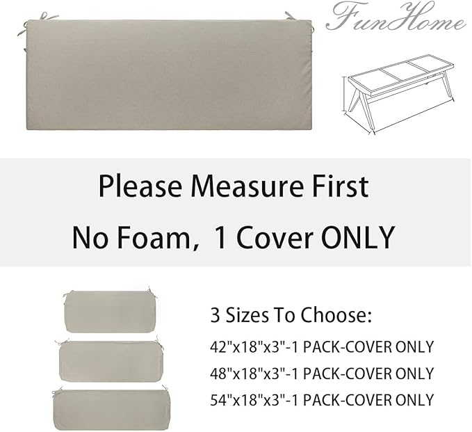 FUNHOME Outdoor Bench Cushion Cover 48 x18 x 3 inch,Water Resistant Cover with Zipper&Ties,Fade-Resistant Slipcover,Patio Porch Swing Cushion Cover Replacement Only,No Insert(Light Brown)