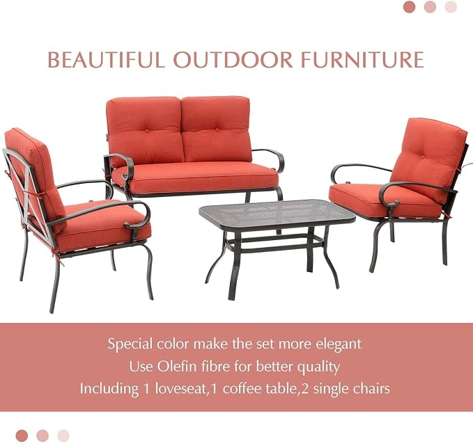 Outdoor Furniture Patio Conversation Set Loveseat, 2 Chairs, Coffee Table with Cushion, Lawn Front Porch Garden, Metal Chair Set Wrought Iron Look(Red)