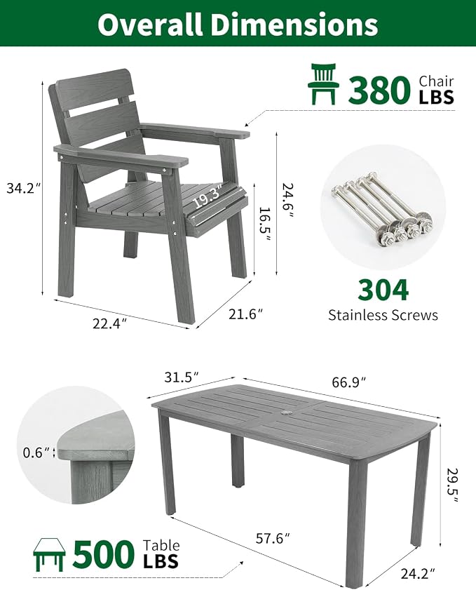 5-Piece Outdoor Dining Set, All-Weather HIPS Patio Table & Chairs for 4, Outdoor Furniture with Umbrella Hole, Ideal for Garden, Poolside, Backyard, Deck, Dark Gray