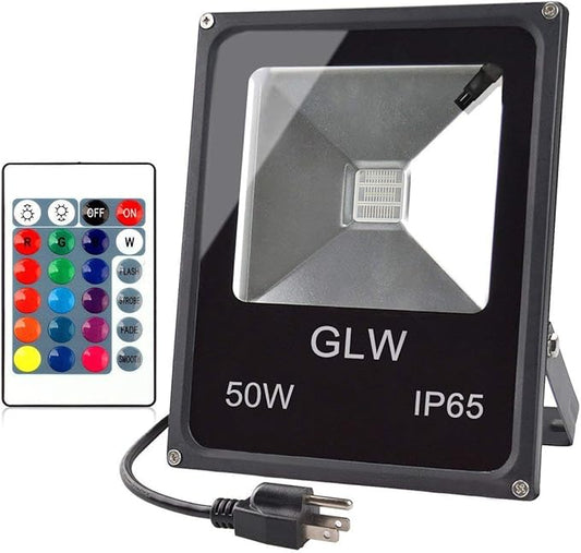 RGB LED Flood Lights,50W Outdoor Super Bright Spotlight,High Power 16 Colors Remote Control Floodlight,4 Modes with US 3-Plug,IP65 Waterproof Spotlight for Stage,Yard