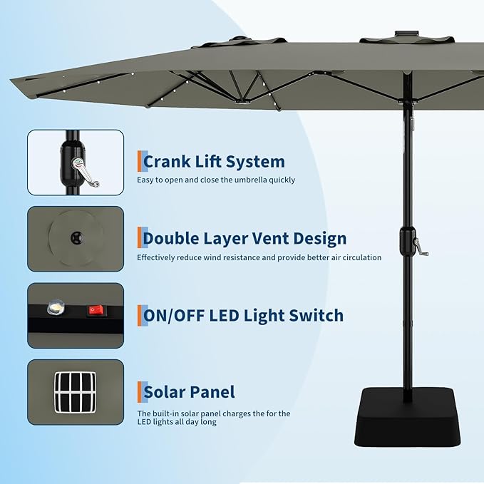 15FT Rectangular Patio Umbrella With Solar Lights & Base Included - Large Patio Umbrella With Crank Handle, UV Protection for Outdoor Market, Lawn, Backyard, Pool