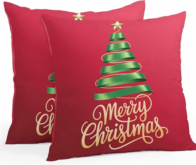 Red Christmas Tree Outdoor Pillow Covers 18 x 18 Inches, Green Xmas Tree with Star Waterproof Throw Pillow Cover Set of 2, Christmas Red Decorative Square Cushion Covers for Patio/Couch/Garden