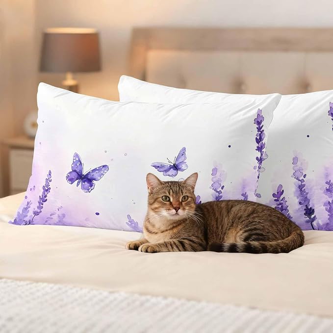 Spring Purple Lavender Outdoor Waterproof Throw Pillow Covers Set of 2, 20"x12", Country Watercolor Purple Floral Butterfly Decorative Pillow Covers Outside Cushion Case for Patio Porch Garden