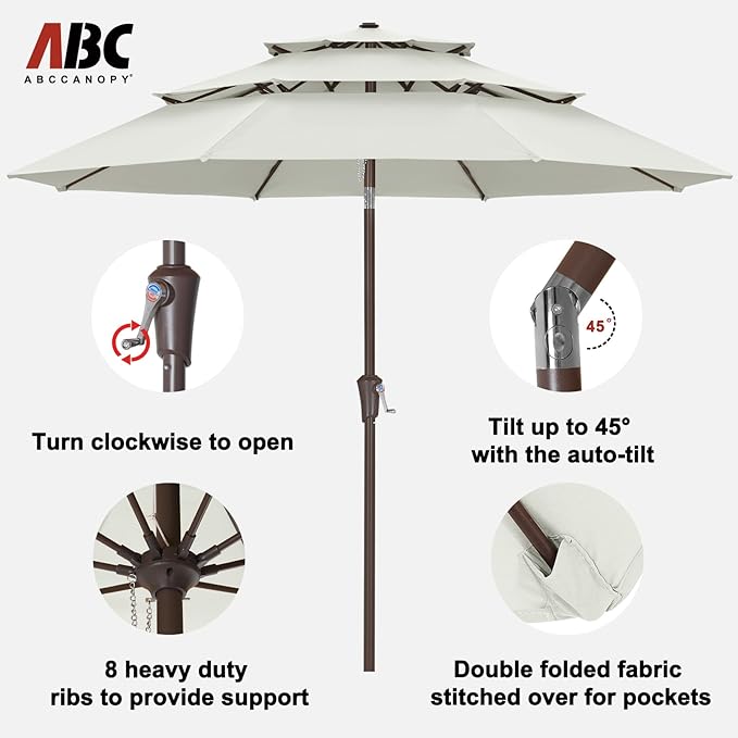 ABCCANOPY 9Ft 3 Tiers Market Umbrella, Outdoor Table Umbrella for Patio, Deck, Backyard (Light Beige)