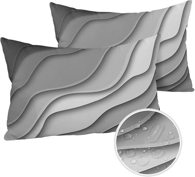 Ombre Abstract Geometry Gradient Grey White Outdoor Waterproof Throw Pillow Covers 20 x 12 Inch Set of 2, Pillowcases Decorative Square Cushion Cases for Patio Furniture Couch Porch Garden