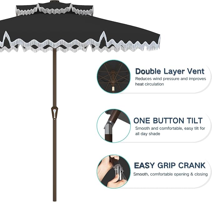 Kingdura 9ft Patio Umbrella with Fringe, Outdoor Table Umbrella with 8 Sturdy Fiberglass Ribs, Push-Button Tilt, UPF 50+, Luxurious Vintage Pool Umbrellas