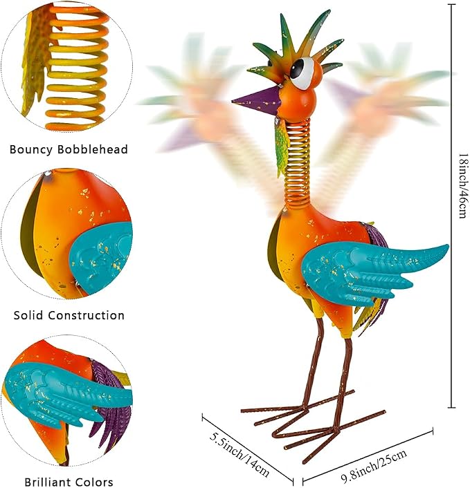 Metal Wacky Rooster Garden Statue for, Patio, Backyard, Lawn | 18'' Rooster Decor, Yard Statue Decorations Outdoor, Chicken Yard Art, Orange