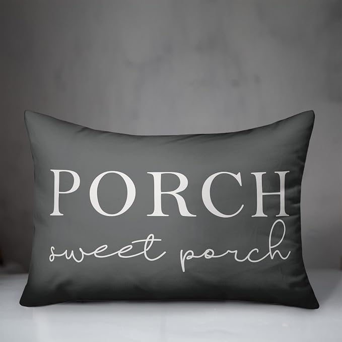 Porch Sweet Porch Grey and White Indoor/Outdoor Pillow | Decorative Pillows for Living Room Couch Bed Sofa Patio, Fluffy Soft Cushion | Water Resistant Gray, 14x20