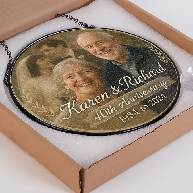 Personalized Wedding Anniversary Before After Photo Stained Glass Window Hanging Suncatcher - Heartfelt Gift for Parents, Grandparents, Old Couple - Custom Wedding