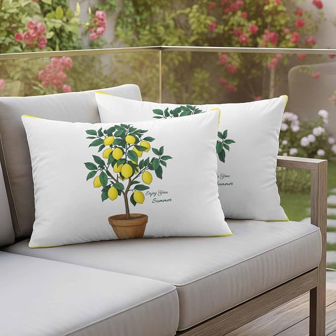 Outdoor Waterproof Throw Pillow Covers, Summer Lemon Decorative Pillow Cases, Yellow Potted Plant Green Botanical Couch Pillow Protector Patio Sofa Cushion Covers Replacement 20"x12" 2 Pack