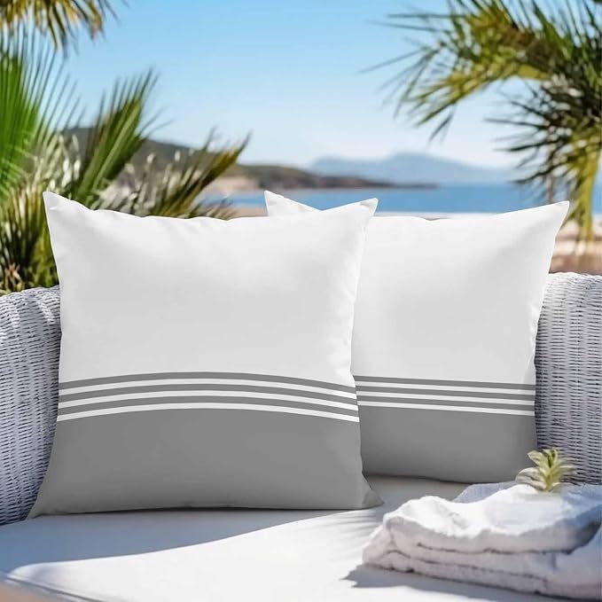 Throw Pillow Covers 18x18 Inch Set of 2, Grey White Striped Waterproof Outdoor Cushion Covers, Modern Abstract Art Aesthetics Decorative Pillowcases for Couch, Sofa, Bed, Garden, Patio
