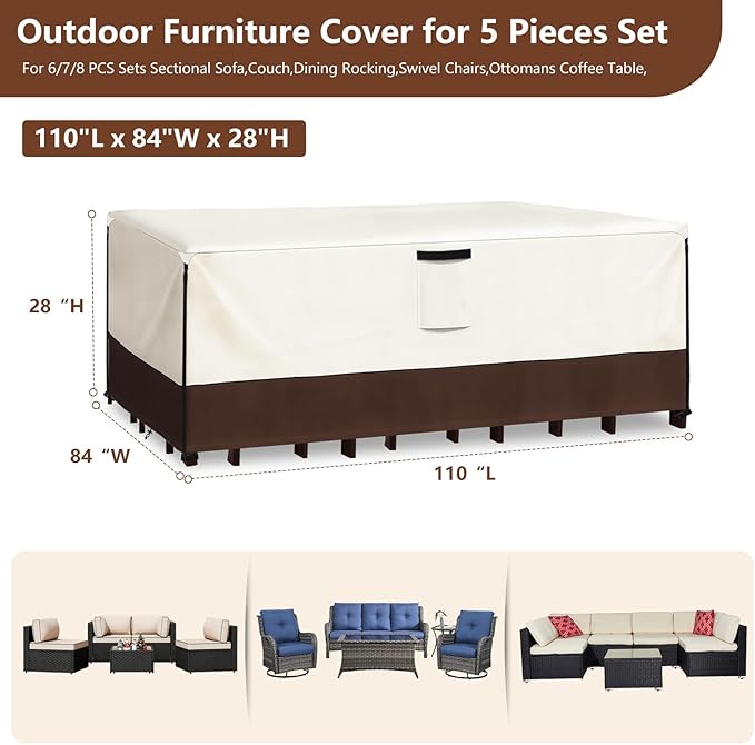 Patio Furniture Covers Waterproof,Heavy Duty Outdoor Furniture Covers, Rectangle Patio Table Cover Fits 5-8Piece Sectional Set Outdoor Chair Couch Table Sets(110" L x 84" W x 28" H)