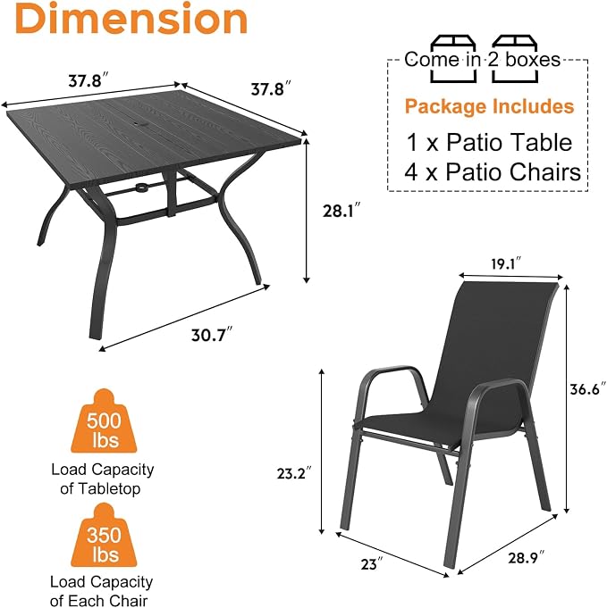 Outdoor Patio Dining Set for 4, 5 Pieces Patio Table and Chairs Set with Umbrella Hole, 37.8"x 37.8" Square Metal Wood-Grain Dining Table Set with 4 Stackable Patio Chairs for Deck , Backyard, Porch