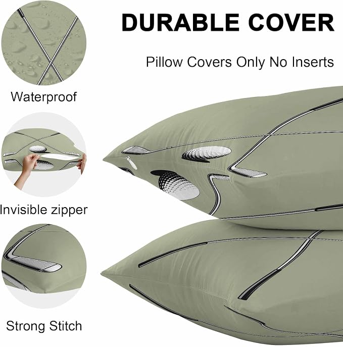 Vandarllin Outdoor Throw Pillows Covers 20x12 inch Set of 2 Waterproof Golf Ball Club Decorative Zippered Cushion Covers for Patio Furniture, Game Sports Sage Green Lumbar Pillowcases