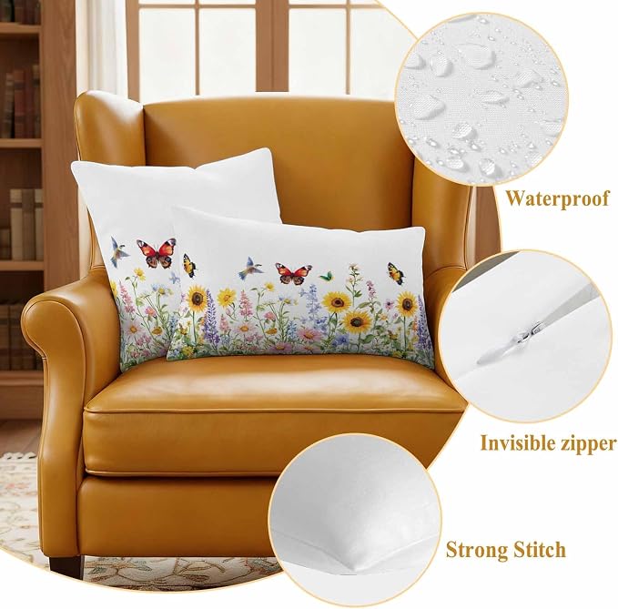 Colorful Florals Outdoor Waterproof Throw Pillow Covers Set of 2, 20"x20", Sunflower Daisy Butterfly Farm Botanical Decorative Pillow Covers Outside Cushion Case for Patio Porch Garden