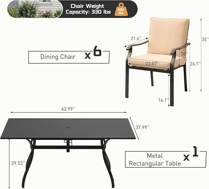 7 Piece Outdoor Patio Dining Set, 62’’ Rectangular Metal Dining Table with Umbrella Hole & 6pcs Outdoor Metal Dining Chairs, Outdoor Furniture Dining Set for Patio, Balcony, Lawn, Garden, Backyard