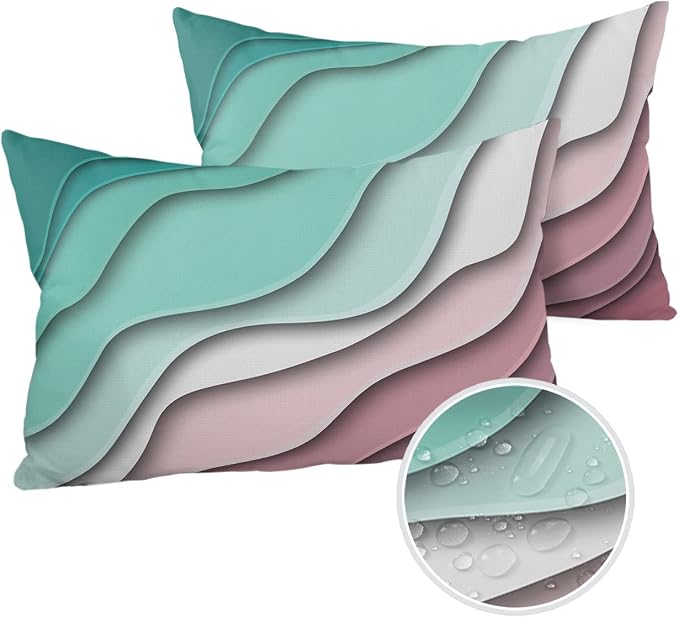 Ombre Abstract Geometry Gradient Turquoise and Pink Outdoor Waterproof Throw Pillow Covers 20 x 12 Inch Set of 2, Pillowcases Decorative Square Cushion Cases for Patio Furniture Couch Porch Garden